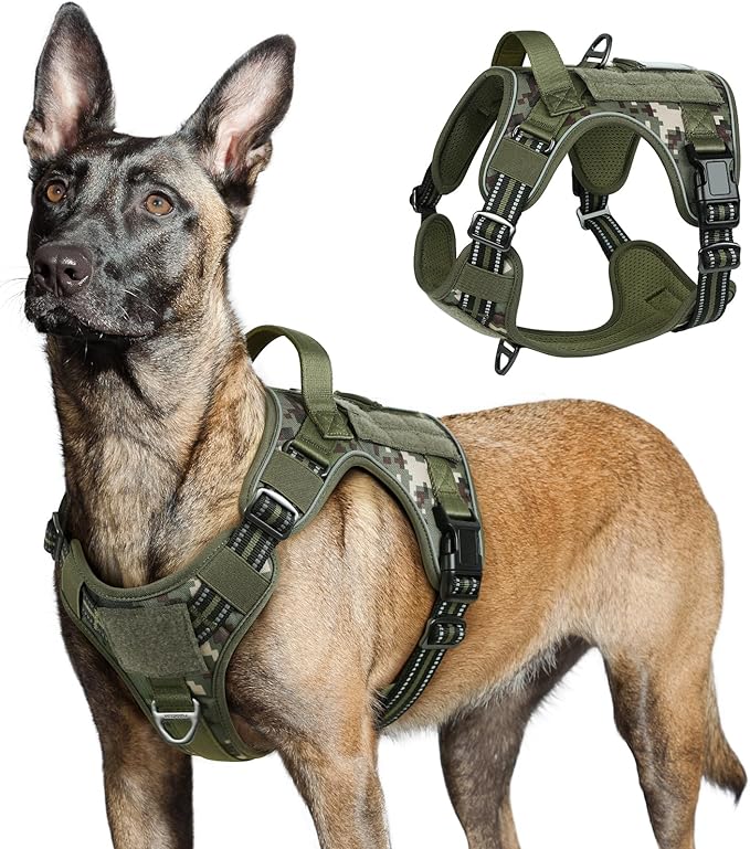 rabbitgoo Tactical Dog Harness for Large Dogs, No Pull Military Service Vest with Handle & Molle, Easy Control for Training Walking, Adjustable Reflective Straps, Green camo, L-Mewly Pet