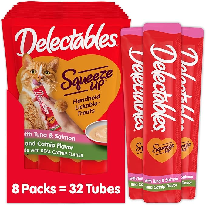Delectables Squeeze Up Creamy Squeezable Puree, Lickable Wet Cat Treats, Grain Free, No Added Fillers, No By-Products, No Added Preservatives, 0.5 Ounces Tube Tuna & Salmon with Catnip, 32 Tubes Total-Mewly Pet