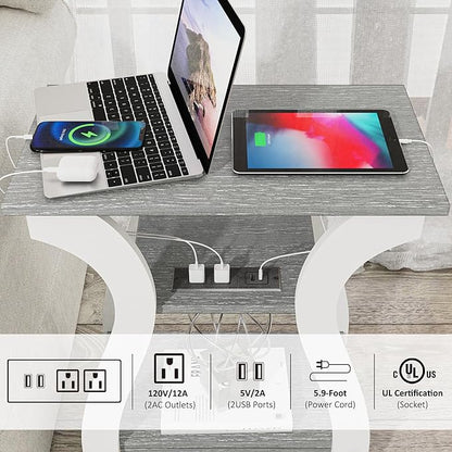 End Tables Living Room, Grey End Table with Charging Station, Grey Side Table, Nightstand for Bedroom, 3 Tier End Table with Storage Shelf for Living Room