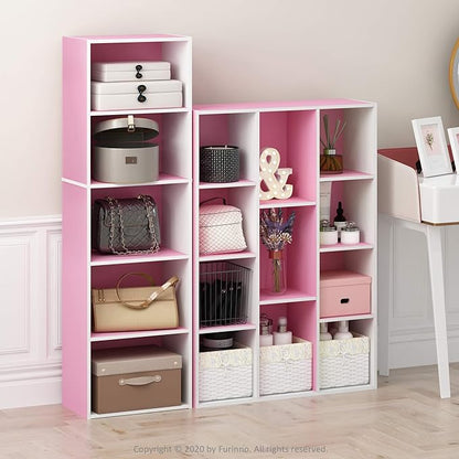 Furinno LUDER Book Shelf, 5-Tier Bookshelf, Bookcase, 9.4" x 15.8" x 52", for Living Room, Bedroom, Home Office, White/Pink