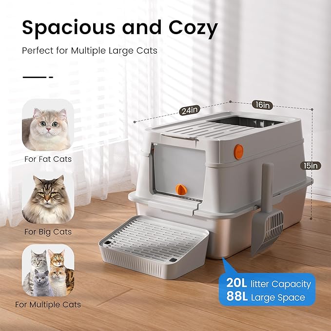 XL Stainless Steel Cat Litter Box with Easy-Open Lid, AOTRUTII Enclosed Metal Litter Box for Big Cats, Front Entry & Top Exit, High Sided, Anti-Leak, Non-Stick, Easy to Clean, Includes Scoop-Mewly Pet