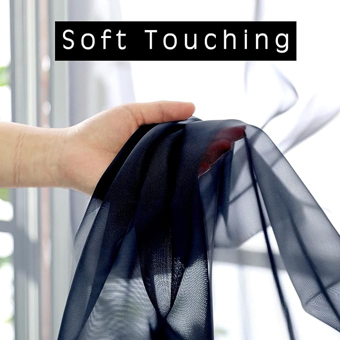 OVZME Sheer Curtains 45 inches Long for Kitchen Curtains, Rod Pocket Clean Selvedge Voile Window Treatments, 2 Panels=84 Inches Width, Navy Blue.