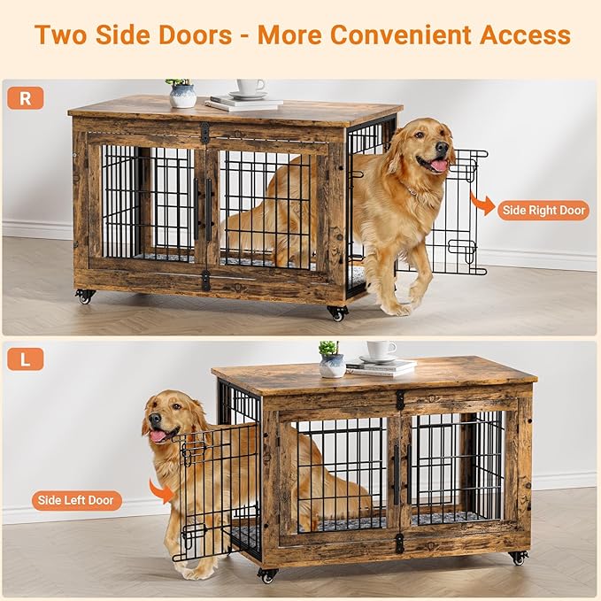 Lulive Dog Crate Furniture, Dog Kennel Indoor Double Doors Wooden Dog Cage, 38'' Heavy Duty Dog Crate with Cushion & Wheels, Decorative End Table Pet House Chew-Resistant for Large/Medium, Brown-Mewly Pet