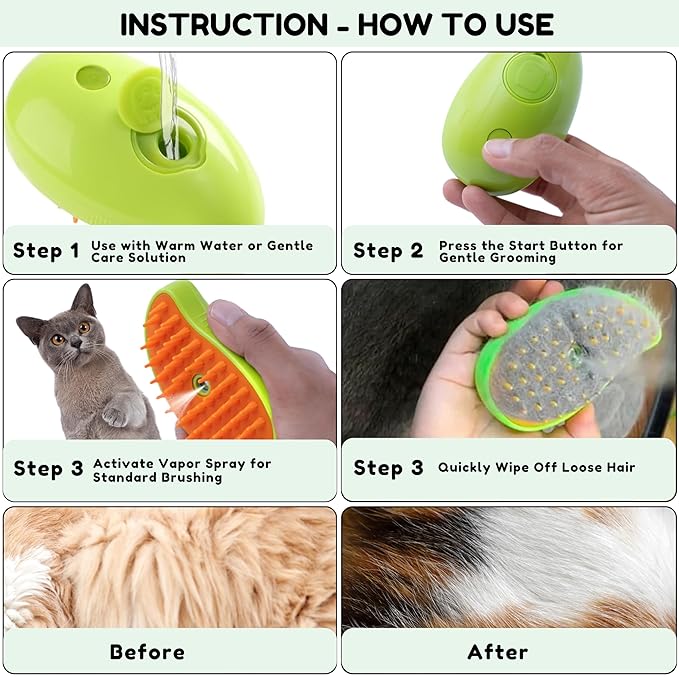 Cat Steam Brush for Shedding, Steamy Grooming Comb with Anti-Static Spray for Cats & Dogs, Gentle Defur Comb for Tangled & Loose Hair, Ergonomic Pet Mist Brush Design, Cepillo de Vapor para Gato Perro-Mewly Pet