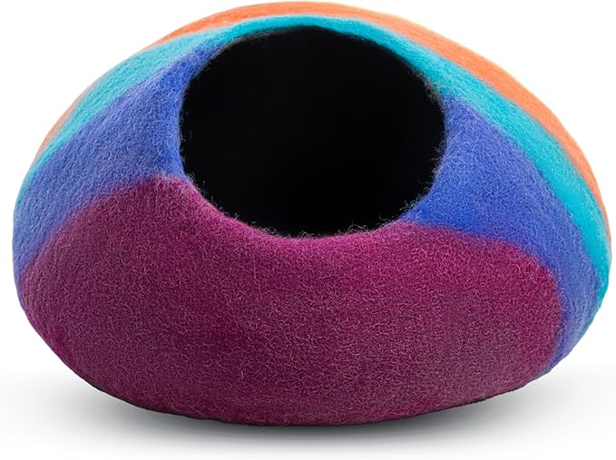 Woolygon Premium Felt Cat Cave Bed – Wool Kitty Beds Handcrafted Kitten Caves Bed for Indoor Cats - Made from 100% Eco-Friendly Merino Wool, Foldable Cat Hidewawy Covered Cat House Pod (Rainbow Twist)-Mewly Pet