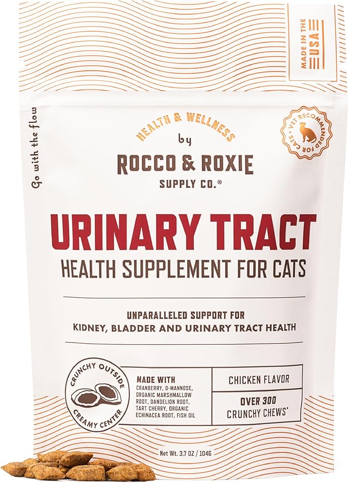 Rocco & Roxie Cat Urinary Tract Health Supplement, Cranberry and D-Mannose for Kidney, Bladder, and UT Support, Vet Recommended Chicken Flavored Crunchy Chews Cats Love, Made in USA-Mewly Pet