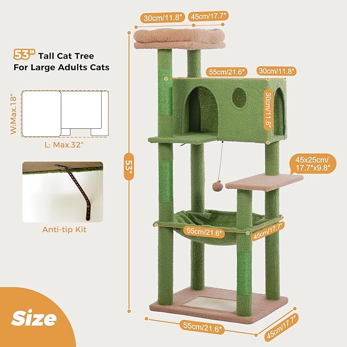 54” Cat Tree for Large Cats Big Cat Tower with Enlarged Hammock 21.6x17.7” Spacious Cats Condo House, Roomy Top Bed,Multiple Scratch Posts and Pad for Indoor Adult Cats (Green, Large-54)-Mewly Pet