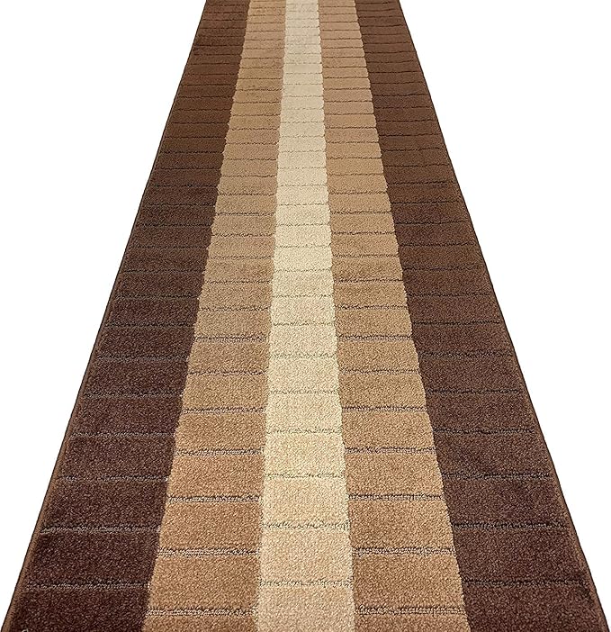 Custom Size Modern Geometric Pattern Carpet Runner Rug for Hallways, Slip Resistant Latex Rubber Backed, 31 inch Wide X Customized Length, Squares Brown, 31 inch X 27 feet