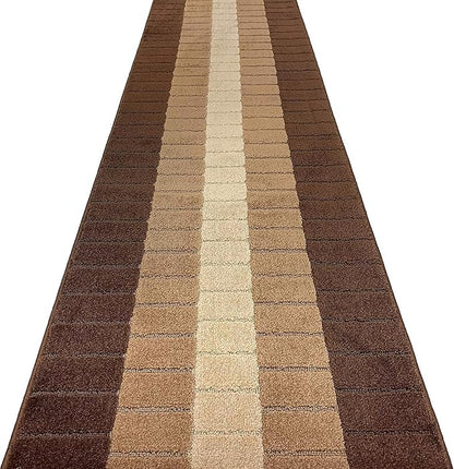 Custom Size Modern Geometric Pattern Carpet Runner Rug for Hallways, Slip Resistant Latex Rubber Backed, 31 inch Wide X Customized Length, Squares Brown, 31 inch X 20 feet