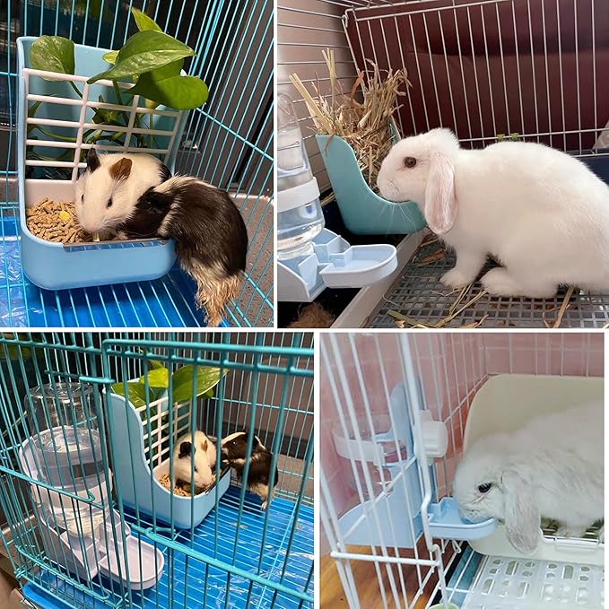 HERCOCCI PET Feeder and Water Bottle Set, Large Blue (500ml), Durable Hay Food Bin Feeder, Food Bowl, Gravity-Fed Water Dispenser for Rabbit, Guinea Pig, Chinchilla-Mewly Pet