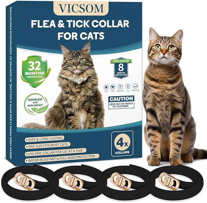 4 Pack Flea and Tick Collar for Cats, 32 Months Treatment, Waterproof Adjustable Kitten Flea Collar, Flea Prevention, Black-Mewly Pet