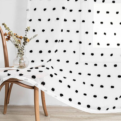 MYSKY HOME Curtains for Living Room & Bedroom - 84" Long Halloween Black Pom Pom Sheer Curtains for Nursery & Dining Room - 52" x 84" 2 Panels with Rod Pocket Privacy Drapes