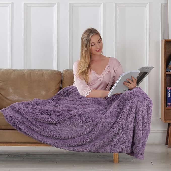 Tuddrom Decorative Extra Soft Fuzzy Faux Fur Throw Blanket 50" x 60",Solid Reversible Long Hair Shaggy Blanket,Fluffy Plush Comfy Microfiber Fleece Blanket for Couch Sofa Bedroom,Patrican Purple