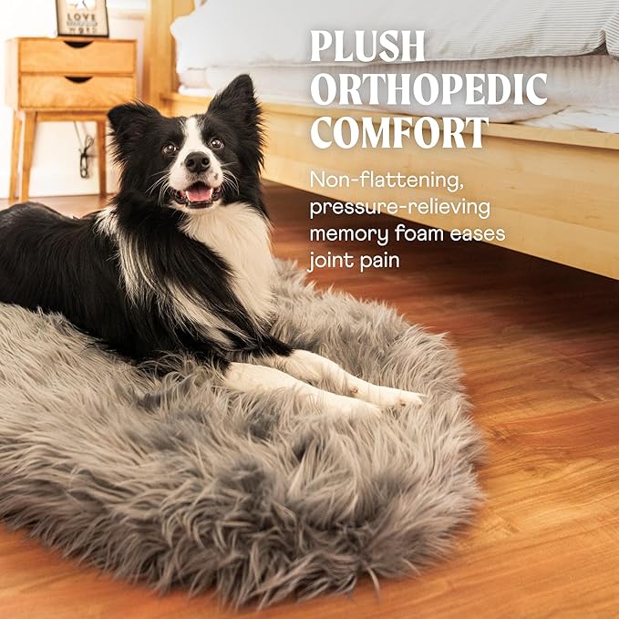 PupRug Orthopedic Dog Bed for Large Dogs with Fluffy Soft Faux Fur and Memory Foam for Joint Pain Relief, Machine Washable and Waterproof Couch Bed, Charcoal Grey, Large/Extra Large-Mewly Pet