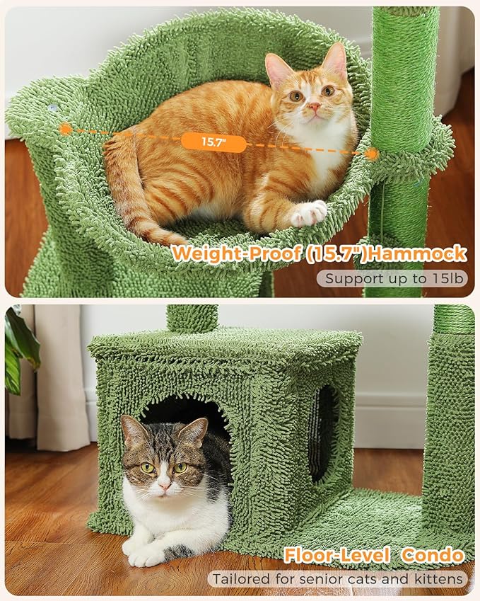 Cactus Cat Tree 40" Cat Tower with Large Metal Carpet Hammock, Cat Scratching Post for Indoor Cats with Condo & Replaceable Toy Ball, Green-Mewly Pet