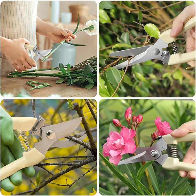 Premium garden shears, meperez pruning scissors gardening tools, pruners for flower, bushes, rose and fruit tree, use for florist, yard and orchard the plant clippers, sharp white steel anvil snips, 2-Mewly Pet