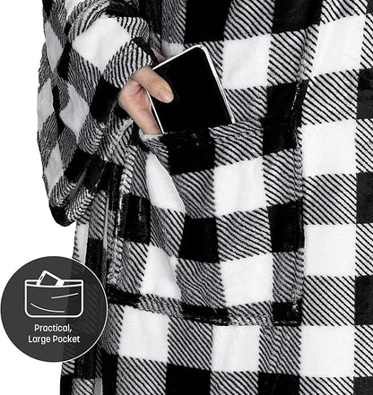 Catalonia Plaid White Wearable Fleece Blanket with Sleeves and Foot Pockets for Adult Women Men, Micro Plush Comfy Wrap Sleeved Throw Blanket Robe Large
