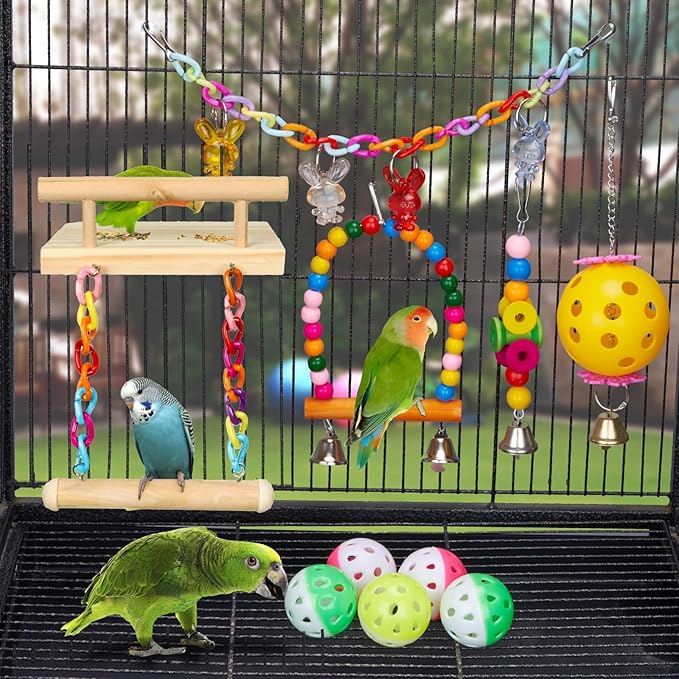 11Pcs Bird Parakeet Toys Wooden Bird Platform Stands Swing Hanging Chewing Toy Parrot Climbing Ladder Colorful Bird Cage Toys for Parakeet, Conure, Cockatiel, Love Birds, Finches-Mewly Pet