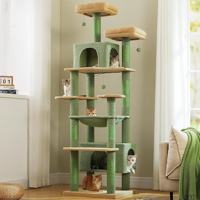 PAWZ Road Heavy Duty Cat Tree for Large Cats, 81 Inches Cactus Tall Cat Tower with 2 Perches, 2 Condos and Spacious Hammock, XL Extra Large Condo with 7 Scratching Posts for 20lb+ Adult Cats, Green-Mewly Pet