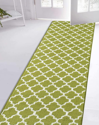 Custom Size Moroccan Trellis Runner Rug Mat for Wide Hallway Entryway Kitchen Laundry Room with Slip Resistant Latex Rubber Backing, Trellis Green, 31 inch X 10 feet