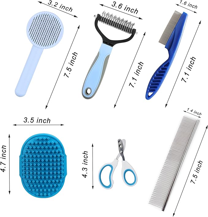 Cat Grooming Brush Kit 6 Tools - Deshedding & Dematting for Long/Short Hair, Self-Cleaning Slicker Brush with 6-in-1 Flea Comb for Cats & Kittens (Blue)-Mewly Pet