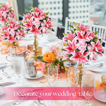Hotop 20 Pcs Artificial Flowers Velvet Realistic Roses and Latex Lilies Flowers Bouquet Decorations Arrangements for Home Table Centerpieces Independence Day(Pink)