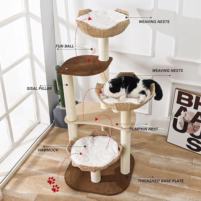 Big Modern Design Cat Tree Tower with White Cloud Mat, Unique Cat Supplies Tower with Scratching Post, Cute Wood Cat Tree Cat Furniture Activity Centre for Indoor Big Cats-Mewly Pet