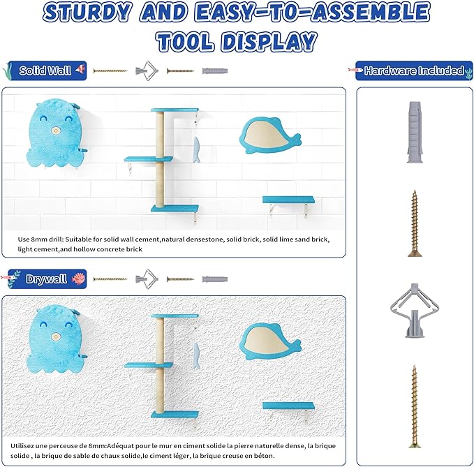 COZIWOW 4-Piece Wall-Mounted Cat Tree Set – Sturdy Wood Pet House, Scratching Board, Platforms, Sisal Posts & Blue Fish Charm – Ocean Blue-Mewly Pet