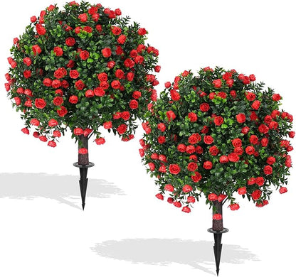 Artificial Boxwood Topiary Ball Trees with Red Rose, 2 Set of 16'' UV Resistant Fake Evergreen Shrubs Bushes Plants with Ground Spike Fake Plants for Outdoor Indoor Front Porch Garden