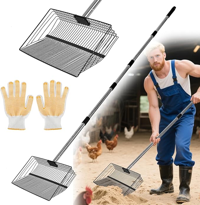 OZRVYNDAREL15 Heavy Duty Chicken Poop Scooper - All Metal Adjustable Handle (39" to 77"), Stainless Steel Sifting Shovel for Coop Cleaning, Small Mesh Design for Fine Waste, Includes Non-Slip Gloves-Mewly Pet