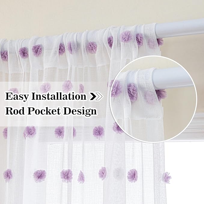 MYSKY HOME Purple Pom Pom Sheer Curtains for Bedroom and Living Room - 95 Inch Length Light Filtering Rod Pocket Window Backdrops for Large Sliding Doors - 52 x 95 in 2 Panels