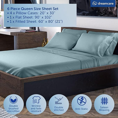 DREAMCARE Queen Sheet Set – 6 pcs Cooling Bed Sheets – up to 21” Deep Pocket Queen Sheets Set – 2500 Supreme Collection – Extra Soft 100% Brushed Microfiber Hotel Luxury with Side Pocket -Mineral Blue