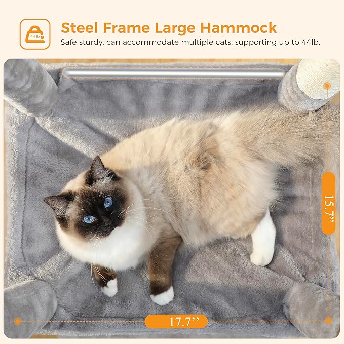 Cat Tree for Indoor Cats, 45.7" Multi-Level Cat Tower with Large Metal Frame Hammock, Cat Condo with 4 Scratching Posts and Top Perch for Small Medium Kitty, Grey-Mewly Pet