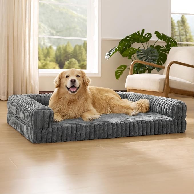 Bedsure Orthopedic Dog Beds for Extra Large Dogs, Waterproof Memory Foam XL Pet Bed with Sides, Non-Slip and Egg-Crate Foam Big Dog Couch Sofa with Washable Removable Corduroy Cover, Grey-Mewly Pet