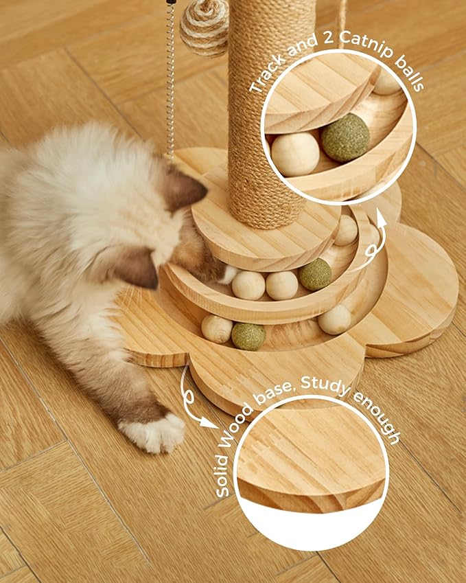 Cat Scratching Post, 4 in 1 Wooden Cat Scratcher Toy, 17.7" Tall Scratch Post with 2 Level Cat Track Balls, Interactive Feather Toy and 2 Sisal Hanging Balls for Indoor Kittens, Adult Cats-Mewly Pet