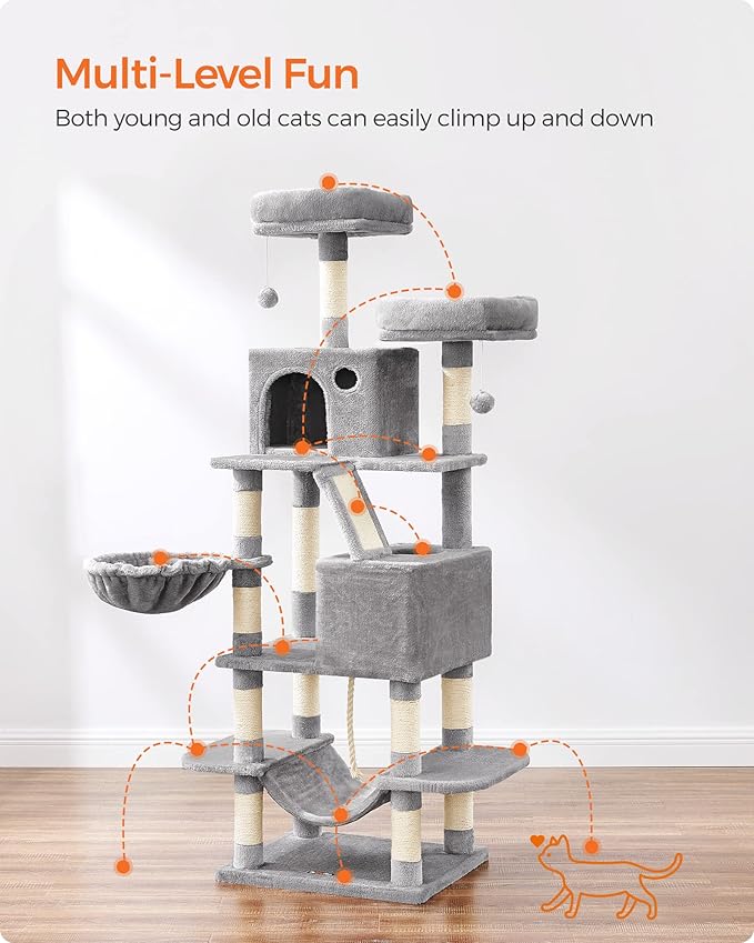 Feandrea Cat Tree, 66.1-Inch Large Cat Tower with 13 Scratching Posts, 2 Perches, 2 Caves, Basket, Hammock, Pompoms, Multi-Level Plush Cat Condo for Indoor Cats, Light Gray UPCT165W01-Mewly Pet