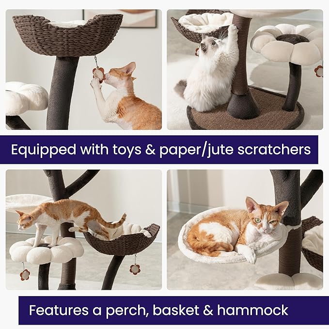 Catry Blossom 59" Flower Cat Tree with Replaceable Flower Perches and Scratching Posts, Handwoven Baskets with Washable Beds, Durable Iron Frame for Large & Multi-Cat Homes-Mewly Pet