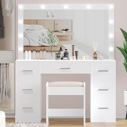 Irontar Vanity Desk with Stool, Makeup Table with Lighted Mirror, 3 Color Lighting Modes, Brightness Adjustable, Dressing Table with Drawers, Bedroom Vanity Table Set for Women, White