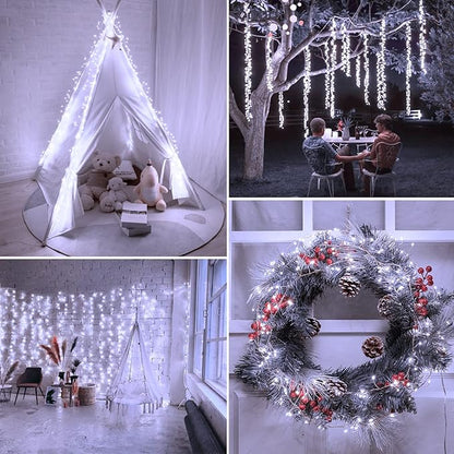 Fairy Lights Plug in, 10Ft 200LED Firecracker Firefly Lights with 8 Mode, Waterproof Silver Wire Cluster Starry String Lights for Ceiling Bedroom Window Wedding Christmas Tree Decoration, Pure White