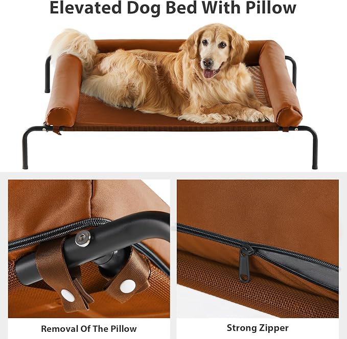 RRPETHOME Large Elevated Cooling Dog Bed, Raised Dog Cot Beds for Large Dogs, Elevated Outdoor Pet Cot, Chew Proof Portable Cooling Pet Cot with Skid-Resistant Feet and Breathable Mesh-Mewly Pet