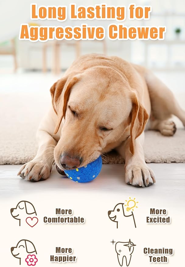 Dog Tennis Balls for Aggressive Chewers, Indestructible Durable Bouncy Interactive Toy for Dogs Fetch Game Lightweight Floating Outdoor Training(2 Yellow Point+ 2 Blue Cirle Medium)-Mewly Pet