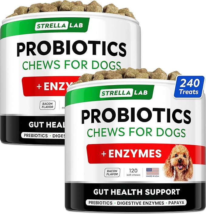 StrellaLab Dog Probiotics Treats for Picky Eaters - Digestive Enzymes + Prebiotics - Chewable Fiber Supplement - Allergy, Diarrhea, Gas, Constipation, Upset Stomach Relief - Improve Digestion&Immunit-Mewly Pet