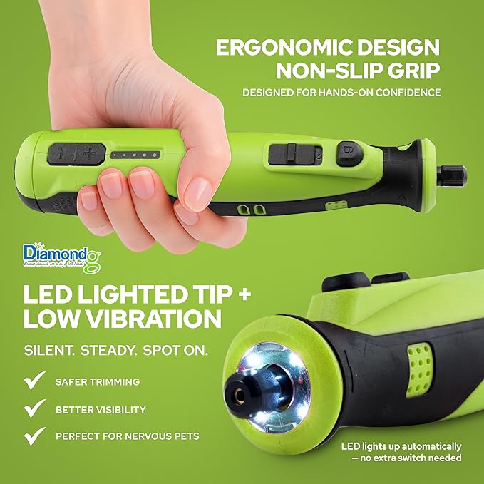 Diamondg Cordless Dog Nail Grinder with Quiet Sound & LED Tip for Large & Small Dogs, 4hrs. Runtime, 2 Bits Included, Green-Mewly Pet