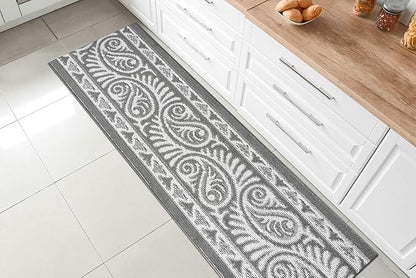 Custom Length Cut to Size Tribal Ethnic Southwestern Inspired Hallway Runner Rug, Non Slip Rubber Backed, 31 inch Wide X Customized Length, Mayan Grey, 31 inch X 20 feet