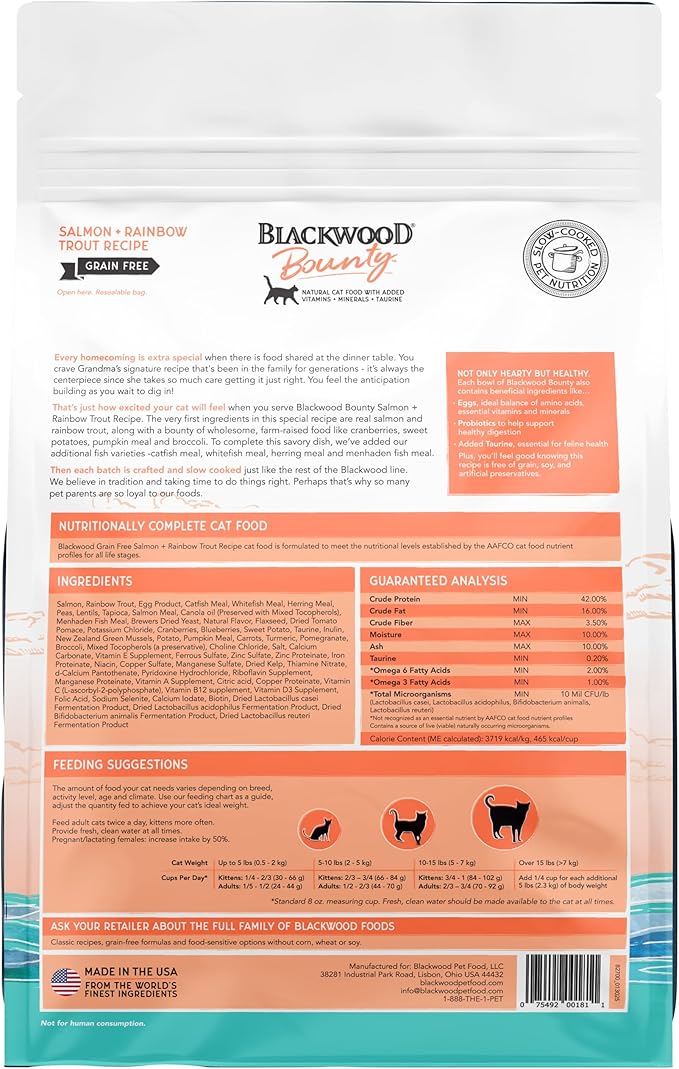 Blackwood Bounty Dry Cat Food, Salmon & Rainbow Trout Recipe for All Life Stages, 10 Pound Bag, High Protein, Grain Free-Mewly Pet