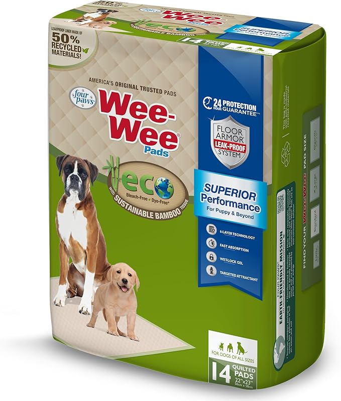 Four Paws Wee-Wee Superior Performance Bamboo Pee Pads for Dogs, Earth Friendly Dog & Puppy Potty Training Pads, Crate Liners, Housebreaking Supplies, 22" x 23" (14 Count)-Mewly Pet