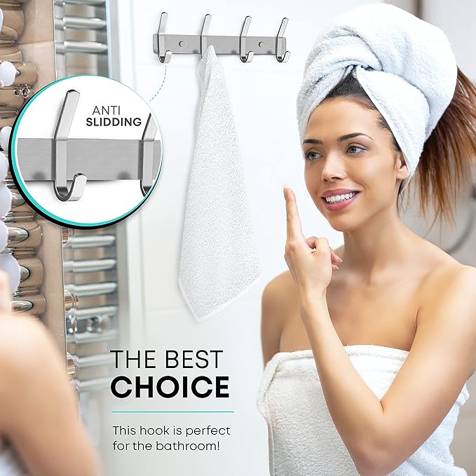Coat Rack Wall Mount – Brushed Nickel 12 Inch Stainless Steel Hook Rail with 4 Heavy Duty Double Coat Hooks – Wall Mounted Coat Hanger for Entryway, Bathroom, Bedroom, Towel, Hat Organizer