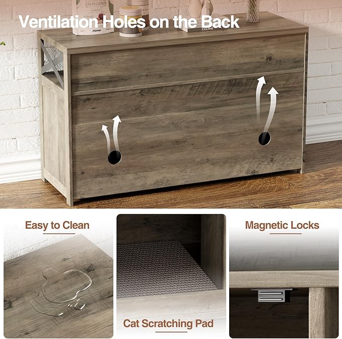 Cat Litter Box Enclosure for 2 Cats, 47" Double Hidden Litter Box Furniture with Scratch Pad, Farmhouse Indoor Litter Box Cabinet Cat Washroom, Grey-Mewly Pet