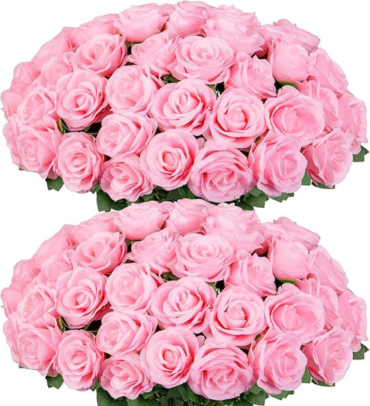 Ouddy Decor 50 Pcs Artificial Pink Roses Bulk Realistic Silk Roses with Long Stems Fake Roses Flowers for Wedding Bridal Bouquet DIY Table Centerpieces Arrangement Valentines Day Home Decor, Pink