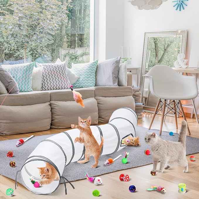 Wettarn 22 Pieces Cat Toys Set, with 2 Collapsible Tunnels for Indoor Cats and 20 Kitten Toys Tubes and Tunnels Interactive Feather Mouse Crinkle Balls for Pets Puppies(White)-Mewly Pet